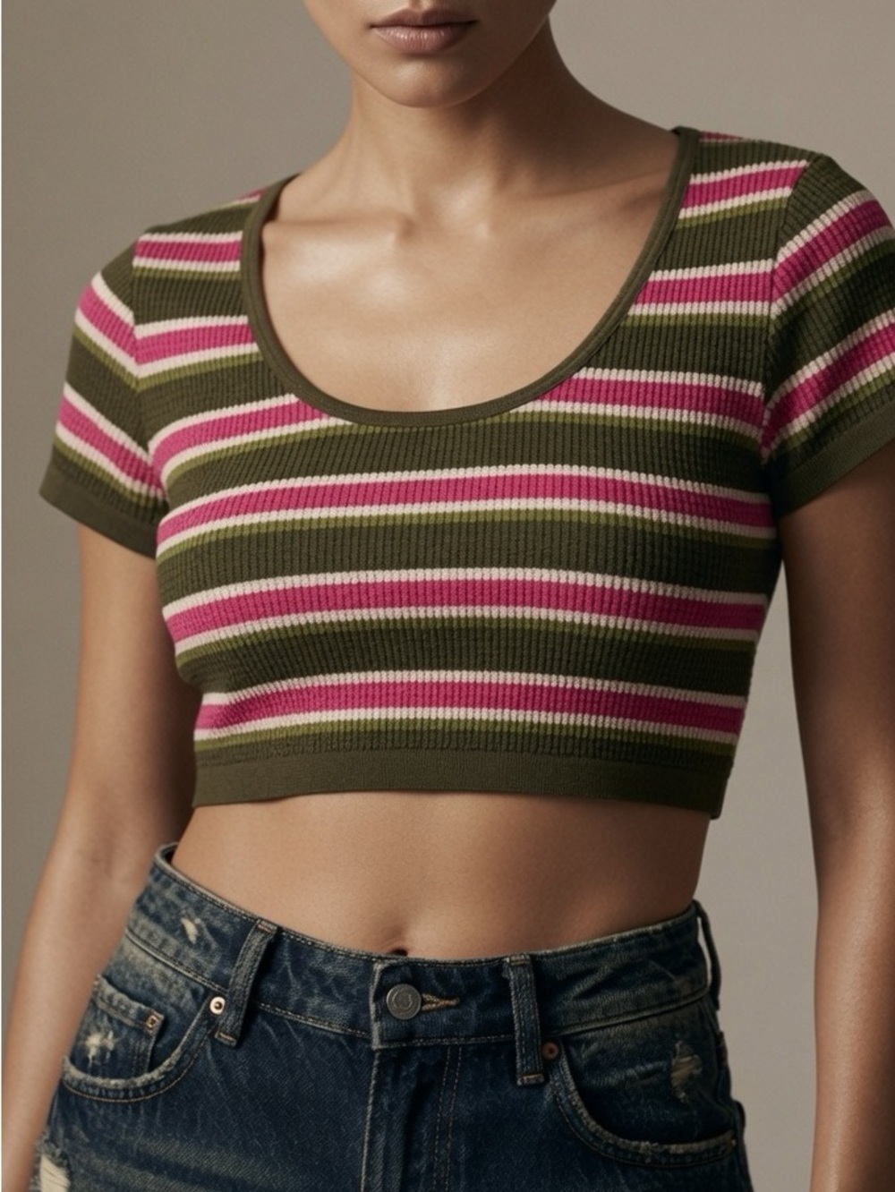 ALMOST FAMOUS s/m women’s Striped Scoop Neck Crop Top - Olive, Pink, White